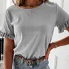 Summer Women Solid Color Wzburzyć Krótki Rękaw O Neck T Shirt Casual Loose Ladies Streetwear Plus Size Office Female Tops 210608