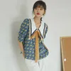 Vintage Bluse Sommer Top Blau Puffärmel Kragen Hemd Frauen Lose Designer Damen Krawatte Top Koreanische Mode Kleidung Blusas 14636 210528
