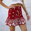 Surmiitro sommar mode boho mini kjol kvinnor röd blommig tryck Ruffles single-breasted hög midja en linje kjol kvinna 210712
