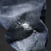 Байкер Джинсы Мужчины Темно-синий стрейч Slim Fit Разорвал проблемную уличную одежду Джинсовые брюки повседневные ретро мужские брюки Hiphop Jean Homme X0621