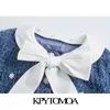 KPYTOMOA Women Fashion With Bow Tied Faux Pearl Buttons Jacket Coat Vintage Long Sleeve Female Outerwear Chic Tops 210914