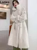 Lautaro Winter Long White Thick Warm Soft Fluffy Faux Mink Fur Trench Coat for Women Double Breasted British Style Fashion 211122