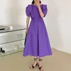 Korejpaa Kvinnor Klänning Koreansk Fashion Chic Elegant Pläterad Ruffles Side Stitching Back Tied Bubble Sleeve Long Vestido Kvinna 210526