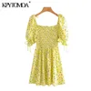 Kobiety Chic Moda Floral Print Plised Mini Dress Vintage Rękawy Puffowe Elastyczny Talia Kobiece Sukienki Vestidos 210416