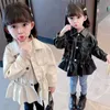 Kids Girls Long Leather Jackets White Spring In Coats and Outerwear Children Motorcycle 211204