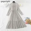 Wiosna Jesień A-Line Elegancka Vintage Dot Sukienka Moda Draped Stand High Waist Slim SHIFFON Vestidos przetargu 210601