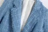 Mały pachnący wiatr Wełniany Tweed Retro Luźny Niebieski Żeński Płaszcz Lapel Długi Rękaw Chic Damska Kurtka 210507