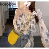 Korobov New Ruffles Sweet Women Blouses Korean Elegant Lacing Bow Long Sleeve Female Shirts Sexy V Neck Print Chiffon Shirt 210430