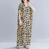 Johnature Letnia Sukienka Drukuj Krótki Rękaw V-Neck Koreański Luźny Wygodny Plus Size Kobiety Vintage Retro Sukienki 210521