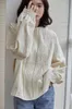 春のヴィンテージブラウスフランスのエレガントなラウンドネックロングランタンスリーブ女性のシャツの女性コットンホワイト210428