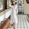 Casual Dresses [EWQ] 2021 Spring Summer European Design Vintage White Boho High Waist Empire Lace Dress Luxury Backless Ladies