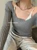 Knitted Bottoming Shirt Women Autumn Gentle Wind Gray Fake Two Piece Stitching Sweater Slim Long-sleeved Top 210529