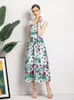 runway designer stylish tulip flower printed camisole midi dress for women summer holiday vintage high waist plus size za 210421