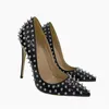 Casual Designer Sexy Lady Mode Femmes Chaussures Noir En Cuir Verni Spikes Pointy Toe Stiletto Stripper Talons Hauts Zapatos Mujer Prom Evening pompes taille 44 12cm