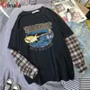 T-shirt a maniche lunghe moda coreano semplice grafica oversize grafica tees donne camicie per il tempo libero plaid patchwork t shirt bianco nero top y0508