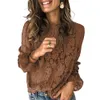 Sexy Frauen Neue Mode Herbst Einfarbig Ausgestellte Ärmel O Neck Aushöhlen Spitze Bluse Shirt Top X0521