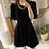 MATAKAWA Slim Waist Femme Robe Korean Chic Retro Round Neck Vestidos Chain Decoration Puff Sleeve Velvet Mini Dresses for Women 210513