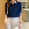 Letnie Szyfonowe Kobiety Krótki Rękaw Koszula Polo Collar Dark Blue Button Topy Office Lady Moda Odzież 13922 210417