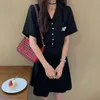 Kleid Frauen A-Linie Schwarz Kleider Adrette Harajuku V-ausschnitt Mädchen Sommer Lose Verkauf Einfache Grundlegende All-Match Chic 210527