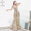 Yosimi Summer Sexy Dress Maxi ChiffonプリントロングレディースバックレスストラップボービーチVネックノースリーブパーティー210604