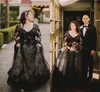 Schwarze Gothic-Hochzeitskleider mit langen Ärmeln, volle Spitze, Retro-Stil, Übergröße, Sweep-Zug, böhmische Land-Brautkleid-Roben
