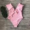 Sexy Badeanzug Frauen Bademode Push Up Monokini Rüschen Badeanzug Hohe Taille Strand Tragen Gelb Verschmolzen Weibliche 210520