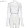 女性用Tシャツセクシー2022高品質の女性ファッションオフィスレディスリムホワイトベーシックリブベッドクロップトップスプリングロングスリーブカジュアルティーショート