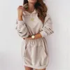 Women Dress Full Length Regular Sleeve Fit and Flare Solid Color Hooded Collar Pocket Decorated High Waist Mini Clothes 210522