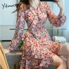 Yitimuceng старинные цветочные пинты пищевые дерево грибки высокие талии платья женщины A-Line V-образным вырезом пружины французское модное платье 210601