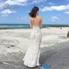 여름 여성 Maxi 인어 민소매 어깨에서 섹시한 백리스 화이트 레이스 긴 튜닉 비치 드레스 210415