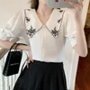 Camicette di chiffon delle donne dell'annata di estate Lady Sweet Peter Pan Collar Puff manica corta Casual Blusas Top 210518