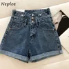 NEPLOE High Waist Hip Przycisk Design Denim Spodenki Feminino Wiosna Letnia Kieszonkowa Krótki Femme Proste Wszystkie mecz Causal 210510