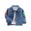 MUABABY Baby Boy Denim Jacket Kids Cartoon Appliques Tops Autumn Children Warm Clothes Frosted Toddler Daily Wear Fashion Looks 211204