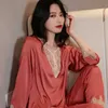 Casual 2pcs Topspants Lace Patchwork Sexiga Kvinnor Pyjamas Suit DEEP V-Neck Loose Sleepwear Intimate Underkläder Lady Hemkläder Q0706