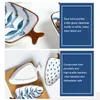 Placas de aperitivo de forma de hoja de cerámica con bandeja de bambú juego de 4 tazones de condimento japoneses blancos azul