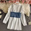 Neploe Blusen Frauen Lose Gefaltete Puffärmel Tops Koreanische Mode Weiße Tops Perlen Denim Sling Weste Zweiteiliges Set Frau 4h617 210422