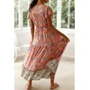 Floral Print Boho Summer Long Dress Casual Button V Neck Beach Maxi Dress Women Cotton Vintage White Holiday Dress 210415