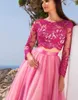 Zweiteilige Fuchsia-Abschlussballkleider für Mädchen, Spitze, lange Ärmel, Tüll, A-Linie, süßes 16. Geburtstags-Quinceanera-Kleid, applizierte Juwelenausschnitt-Abendpartykleider