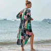 Bohemian tryckta bikini täcker grön bomull tunika lång kimono cardigan plus storlek kvinnor strand bär baddräkt täcker upp Q796 210420