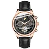 Armbandsur Tourbillon Skeleton Automatisk mekanisk klocka Män lyxiga Rose Gold Black Leather Saat Självvind Mannhandleden Watches Reloj Hombr