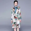 Elegant Floral Summer Fall Women Long Sleeve Striped Bow Tie Collar Flower Print Overlay High Waist Knee Length Dress 210416