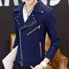 Idopy Fashion Korean Style Mens Motorcycle Jacket Irregular Zipper Slim Fit Zip Up Lapel Collar Rivet Studded Coat For Male 211110