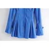 Streetwear Women Blue Pocket Dresses Fashion Ladies Waist-Controlled Mini Vestidos Causal Female Chic Pleated Dress 210430