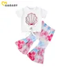 0-5Y Summer Toddler Kid Girls Clothing Short Sleeve Shell Print T shirt Tops Flare Pants Outfits Costumes 210515