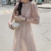 Yitimuceng Vintage Floral Print Dress For Women Midi Chiffon Boho Dresses High Waist Pink Apricot Summer Korean Fashion 210601