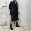 [DEAT] V-neck Collar Black Suit Mesh Patchwork Stripe Jacket Asymmetric Double Pockets Coat Women mall goth Spring GX746 210428