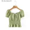 Mode sommar Girly Bow-Knot Plaid Puff Sleeve Slim Crop Top Sweet Lace Bomull Linne Kort Blus för Kvinna 210514