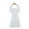 Casual Mulher Branco Slim Ruffles Vestido de Algodão Primavera Moda Fashion Senhoras A linha Mini es Meninas Cute Quadrado Colar 210515