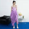 Tasarım Kesme Plise Ruffled Split Spagetti Kayışı O-Boyun Yaz Elbiseleri Kadınlar için 210615