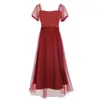 Vintage Süße Burgund Rotes Kleid Abend Party Midi Puff Sleeve Lace Up Mesh Mädchen Nette Kleider Mode Vestidos 210608